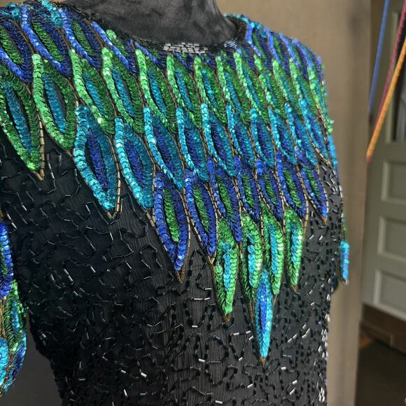 80s Women Stenay Sequin Blouse Top Black Blue Green Beaded Party Glam Occasion - Picture 9 of 11